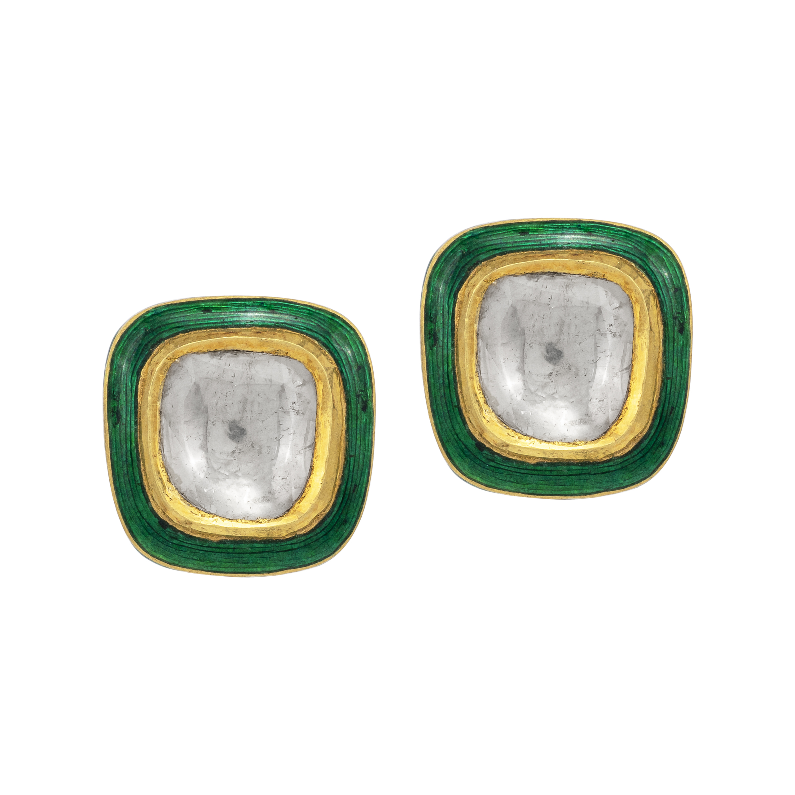 Square Polki Studs with Green Enamel Highlights